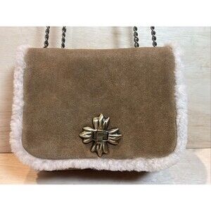 Patricia Nash Harlow Flap hand Bag purse clutch Crossbody chain Cognac/Sherpa